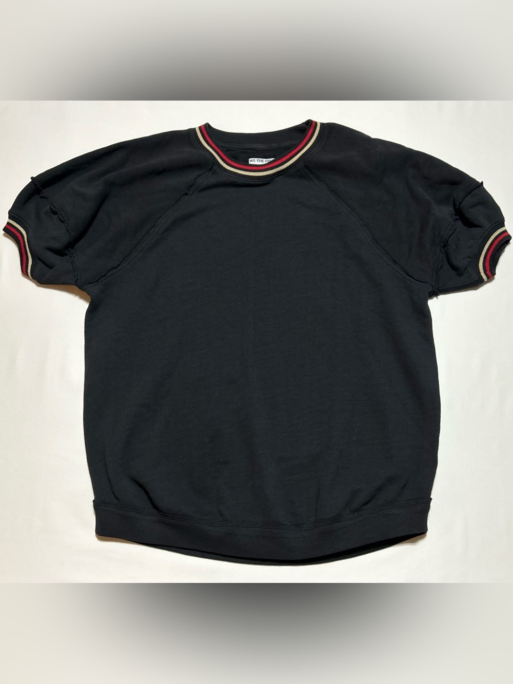 We The Free Black Crewneck Short-Sleeve Sweater with Red and Gold Trim; XS